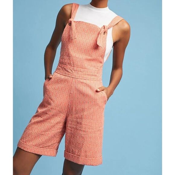 Anthropologie Seen Worn Kept Textured Shortalls Size Medium Zip Back Cotton - Picture 1 of 16